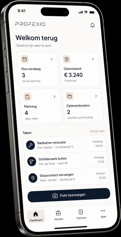Dashboard van de Profexio-app op een iPhone