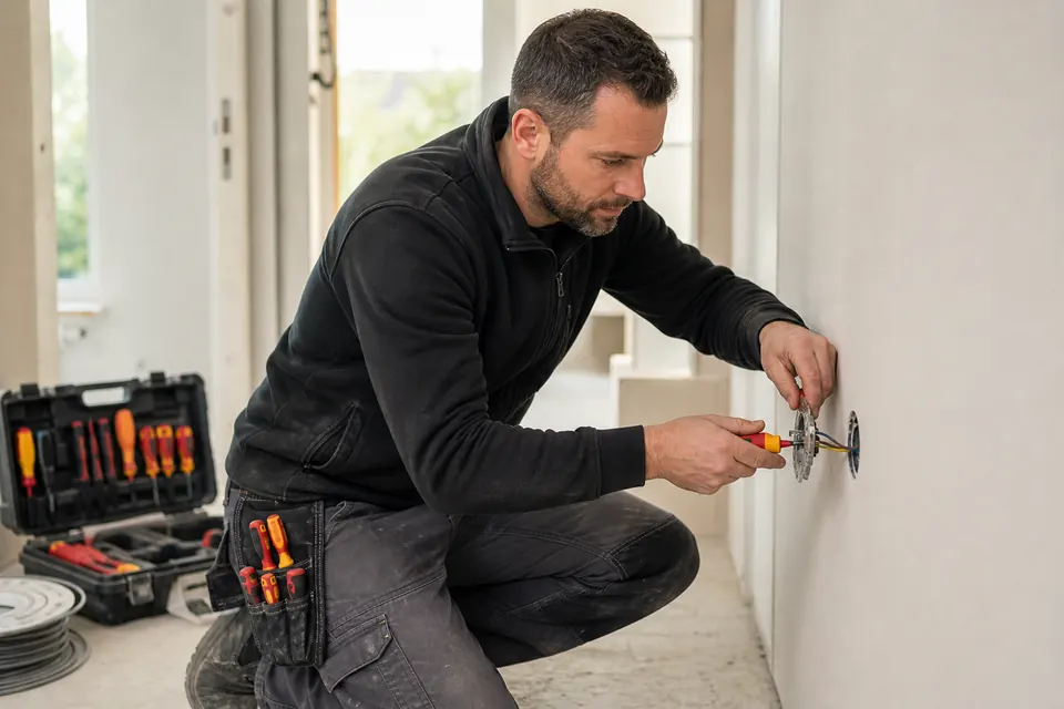 Elektricien gebruikt administratie software voor installatiewerk op locatie