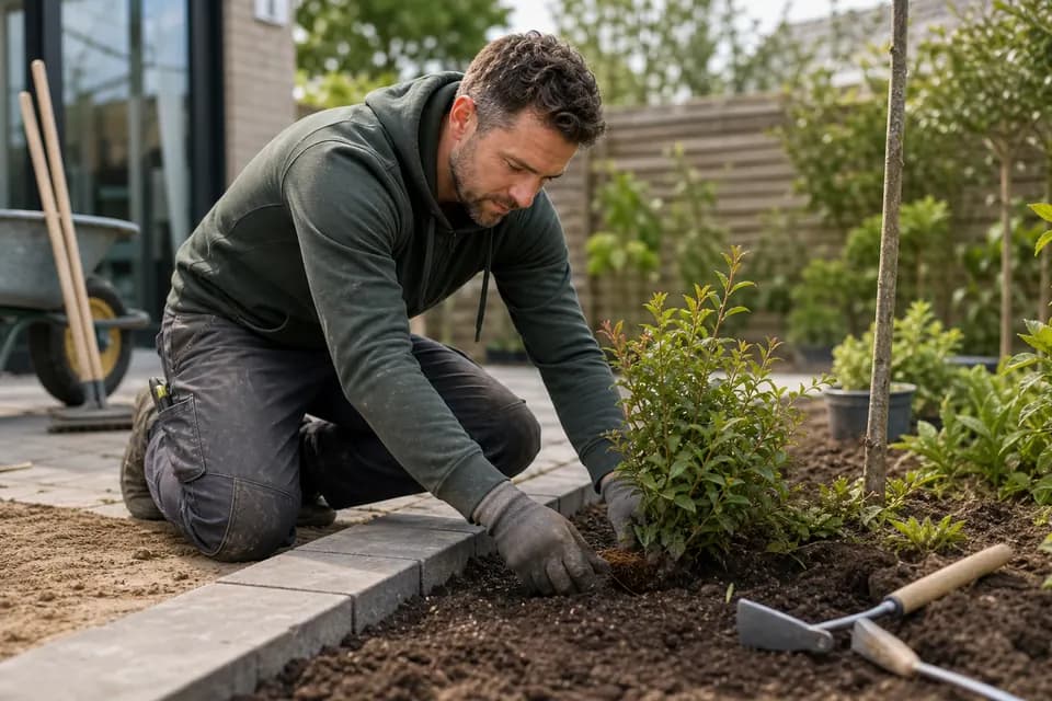Hovenier werkt aan een tuinproject en houdt de administratie bij met software