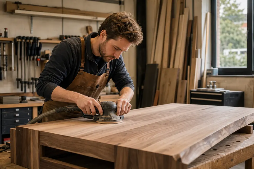 Meubelmaker gebruikt administratie software voor maatwerkmeubels in de werkplaats