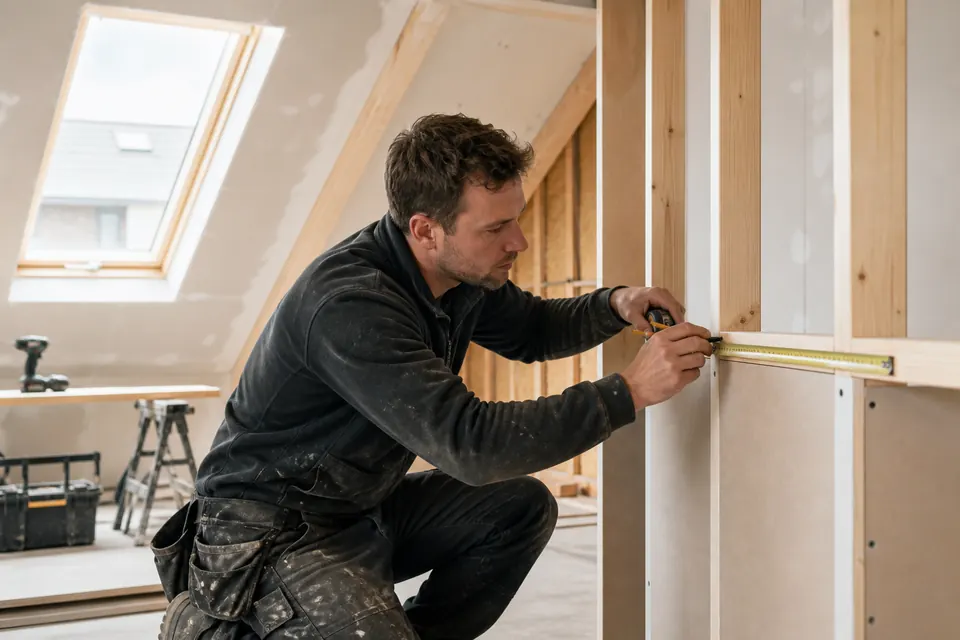 Vakman van een renovatiebedrijf werkt aan een zolderverbouwing