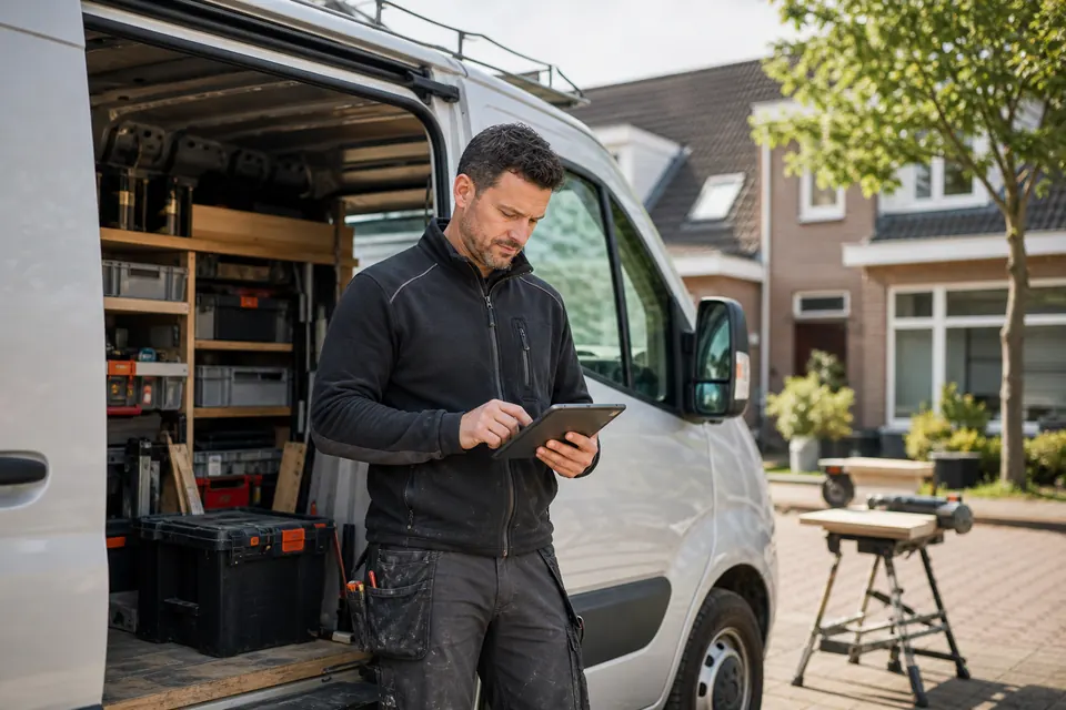 Zzp'er in de bouw gebruikt software voor projectadministratie op locatie