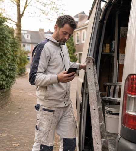 Vakman maakt onderweg bij de bestelbus een werkbon op in Profexio